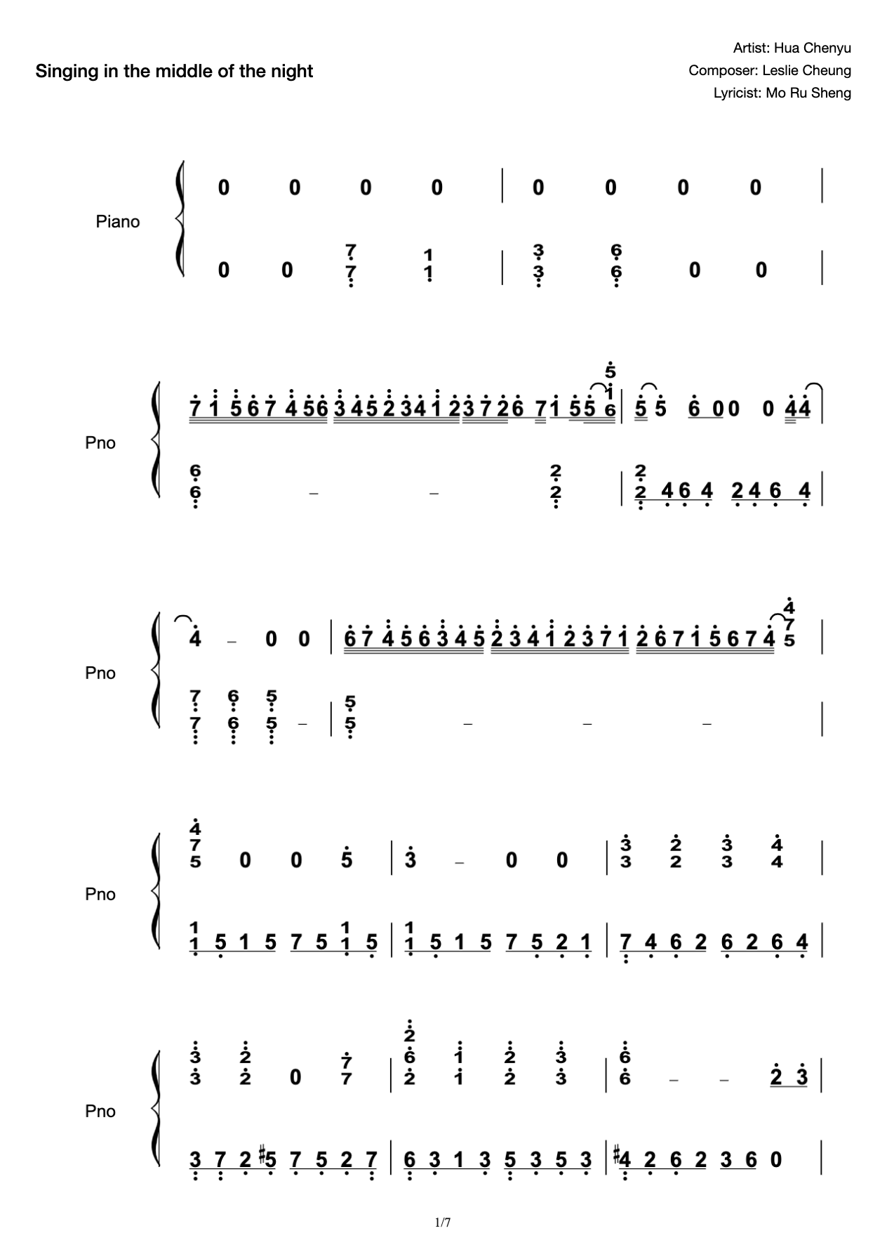 Piano Score of Midnight Singing (Two Tone of B and A) Hua Chenyu Version preview