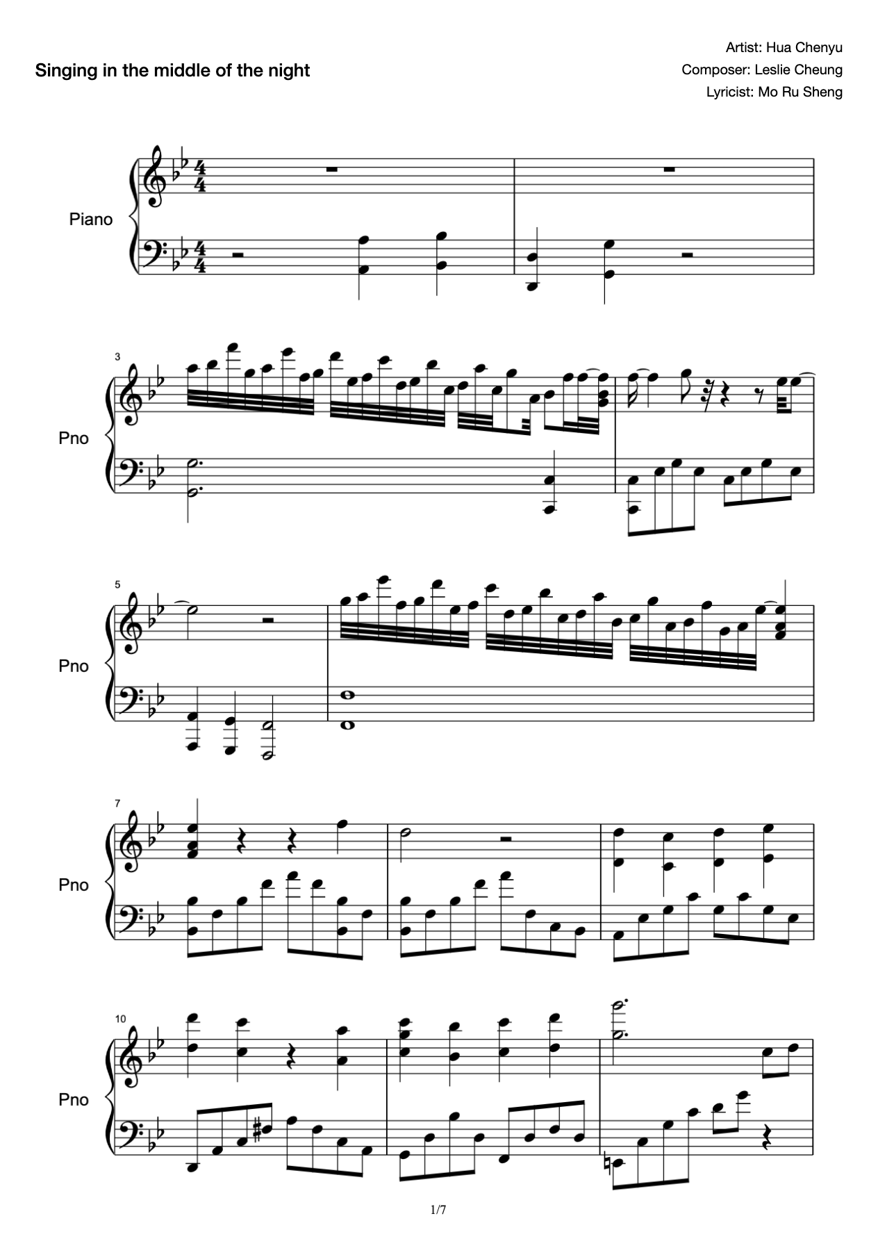 Piano Score of Midnight Singing (Two Tone of B and A) Hua Chenyu Version preview