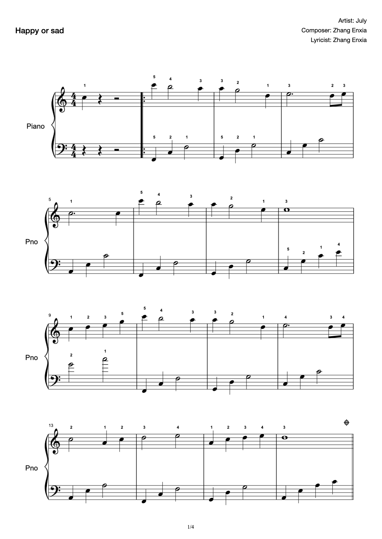 Easy to learn, quick to get started, happy or sad solo piano score in c key preview