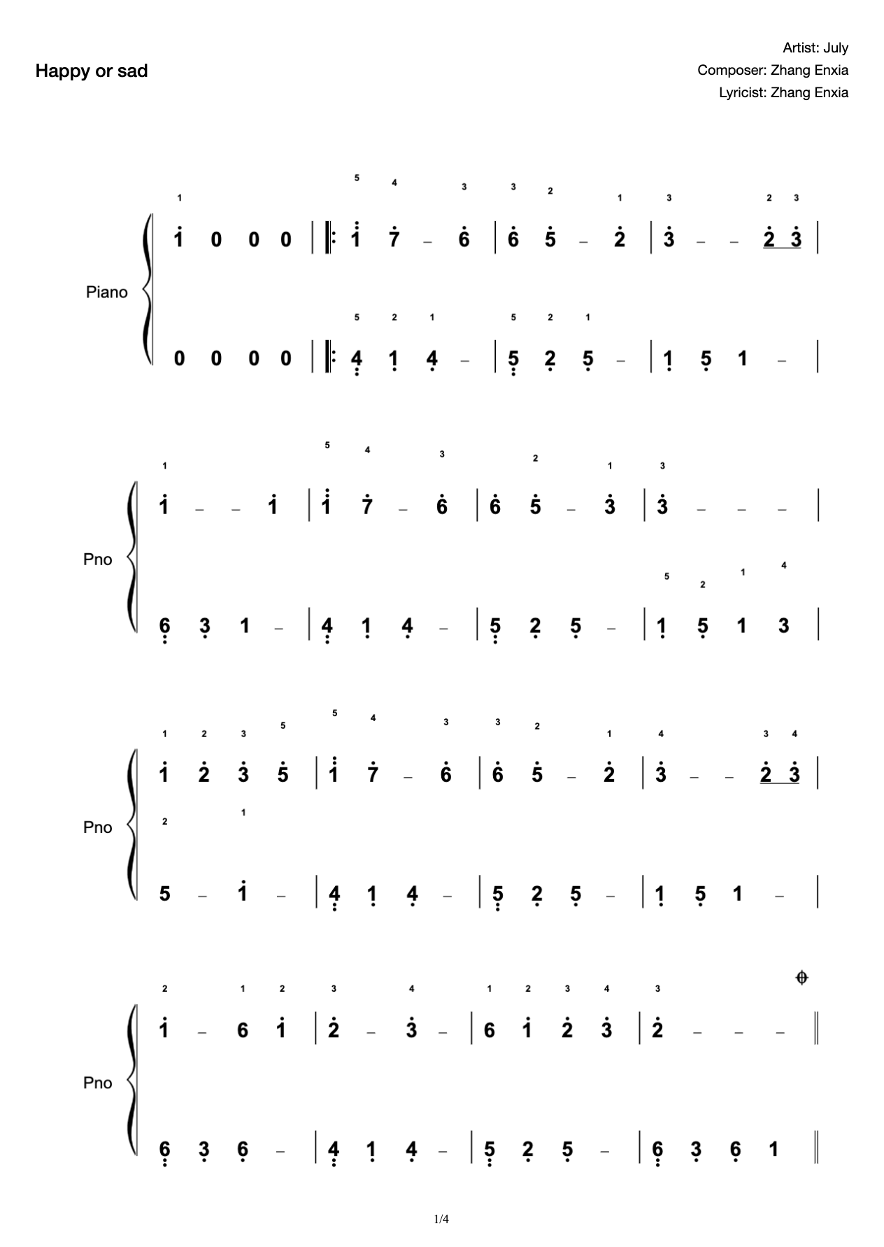 Easy to learn, quick to get started, happy or sad solo piano score in c key preview