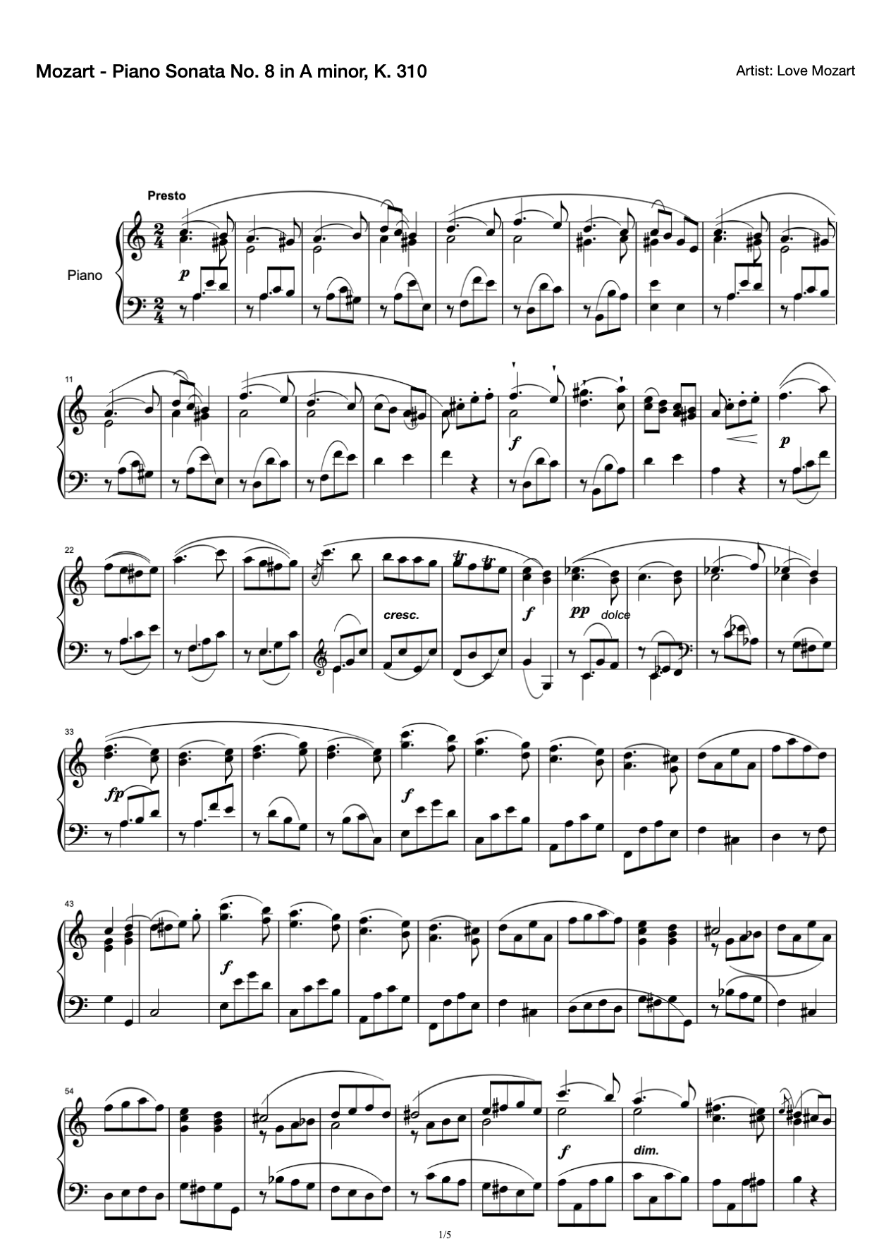 Mozart - Piano Sonata No. 8 in A minor, K. 310 preview