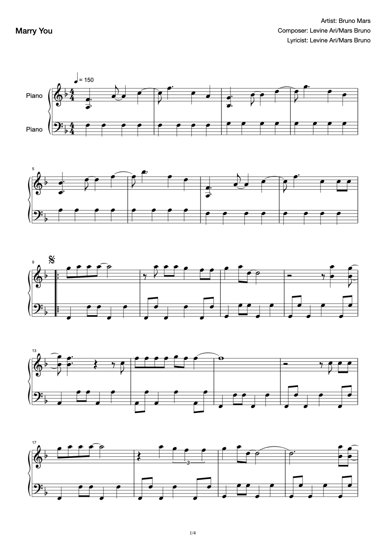 Marry You-Piano Score-Bruno Mars-The Divine Comedy of Marriage Proposal preview