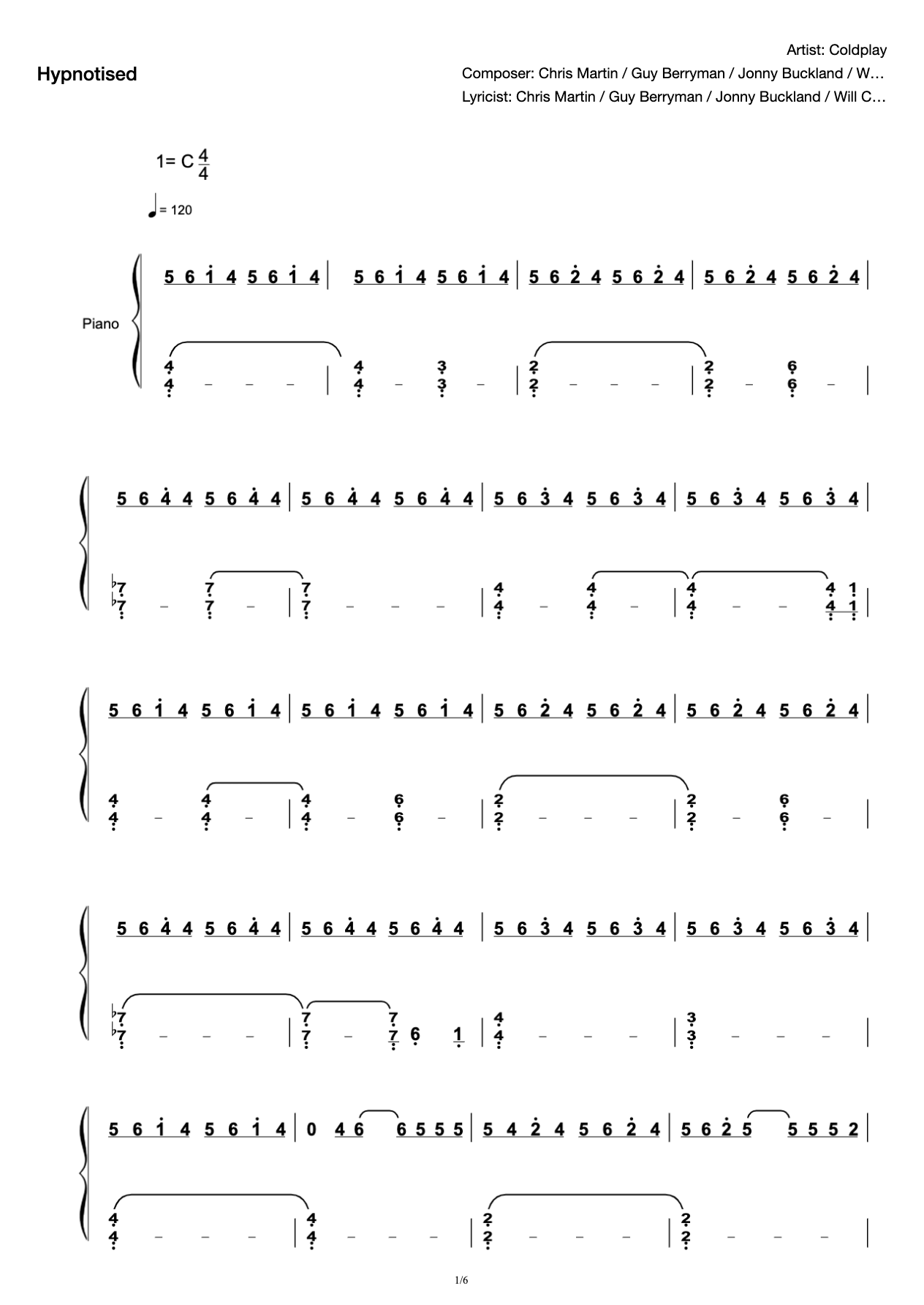 Hypnotised-Coldplay-Solo Edition-Piano Score preview