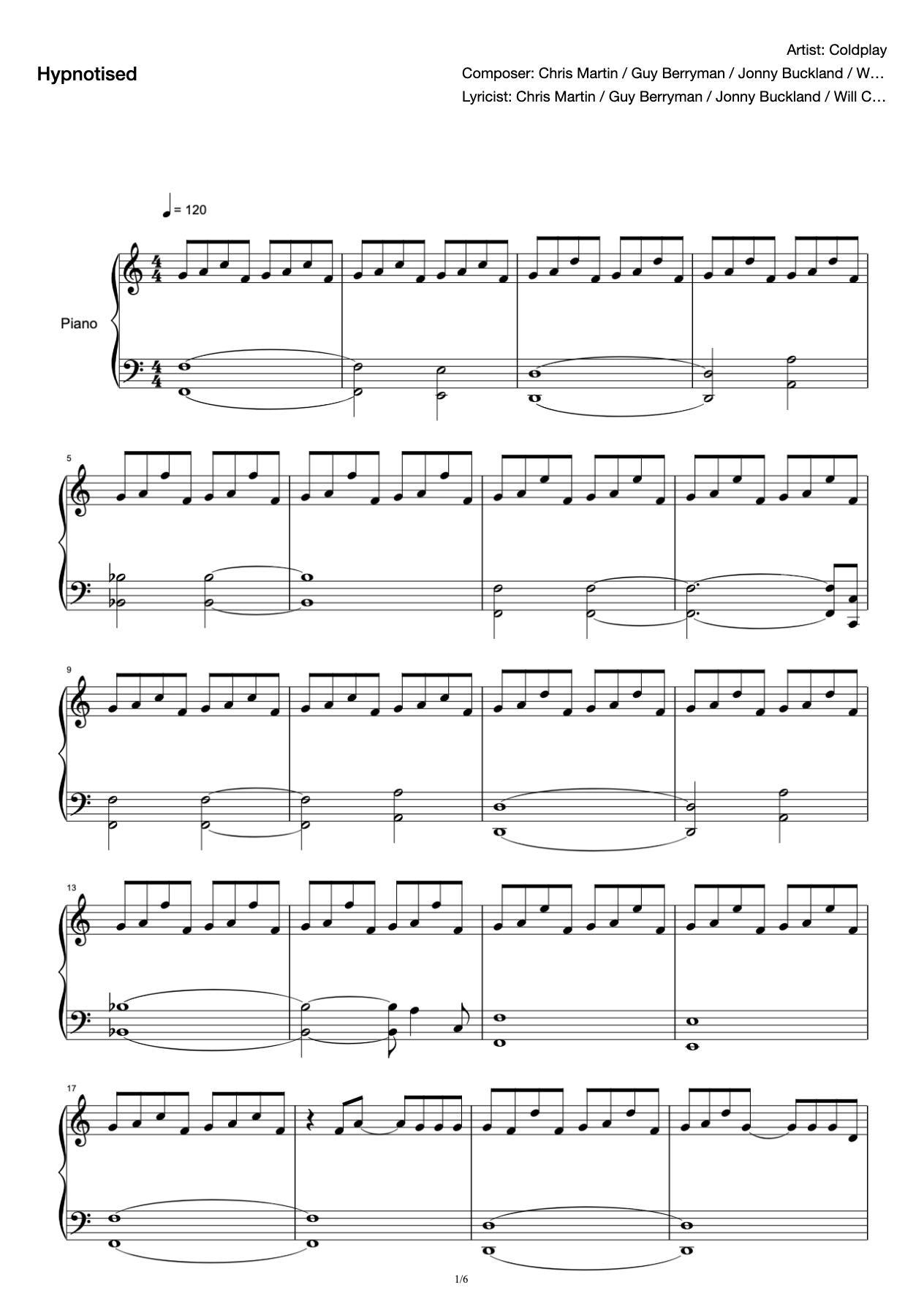 Hypnotised-Coldplay-Solo Edition-Piano Score preview