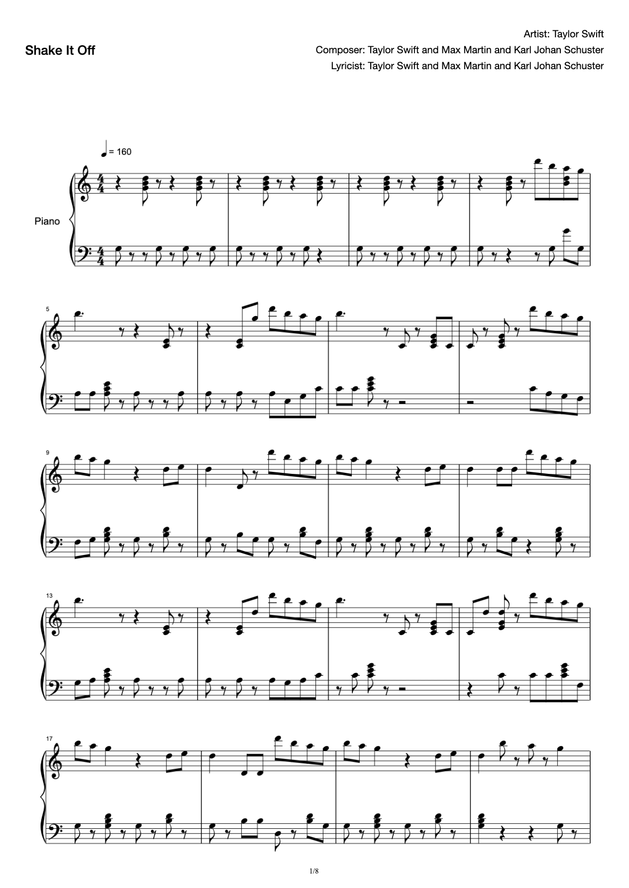 Shake It Off-Staff-Simplified Score-Piano Score-Taylor Swift preview