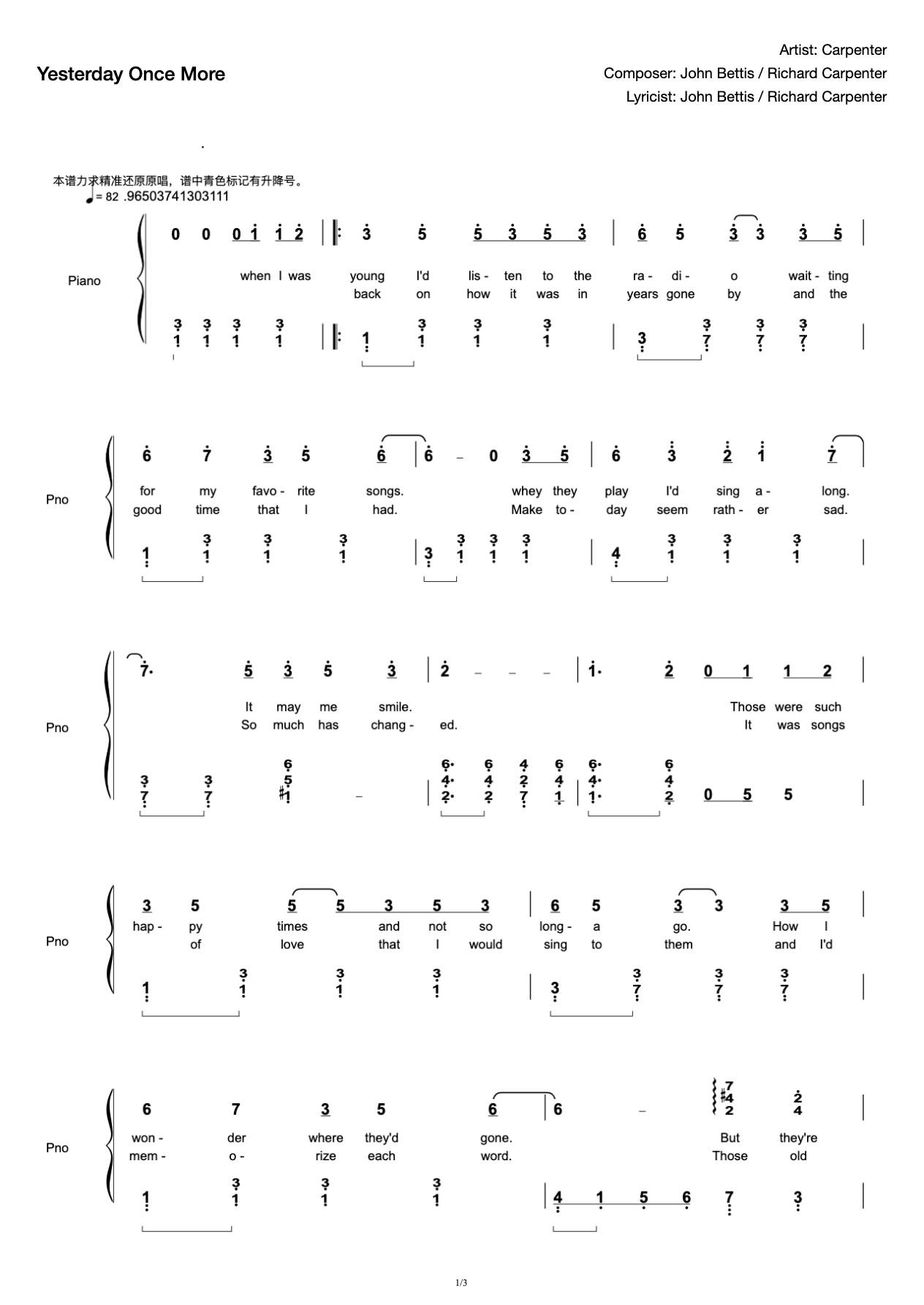 Yesterday's Reappearance-Yesterday Once More-Full Edition-Concise and Easy to Play-E Major preview