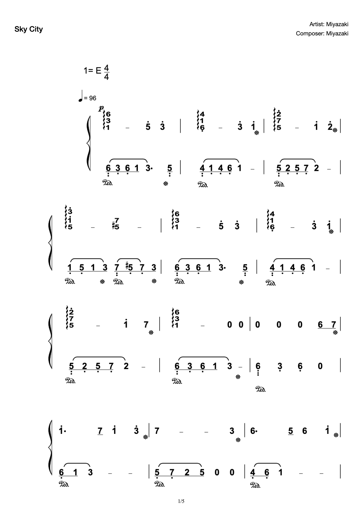 Piano Score for the Theme Song of Sky City preview