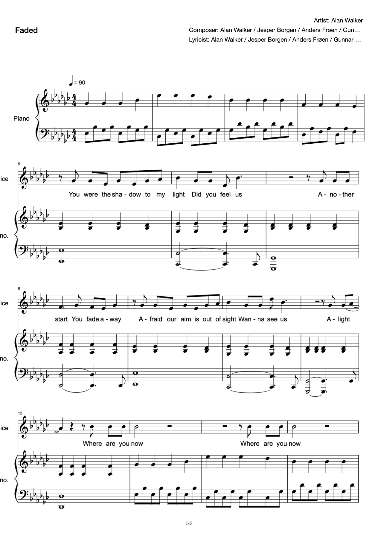 Faded-Piano Accompaniment Singing Score-Simple Reduction-Original key bG preview