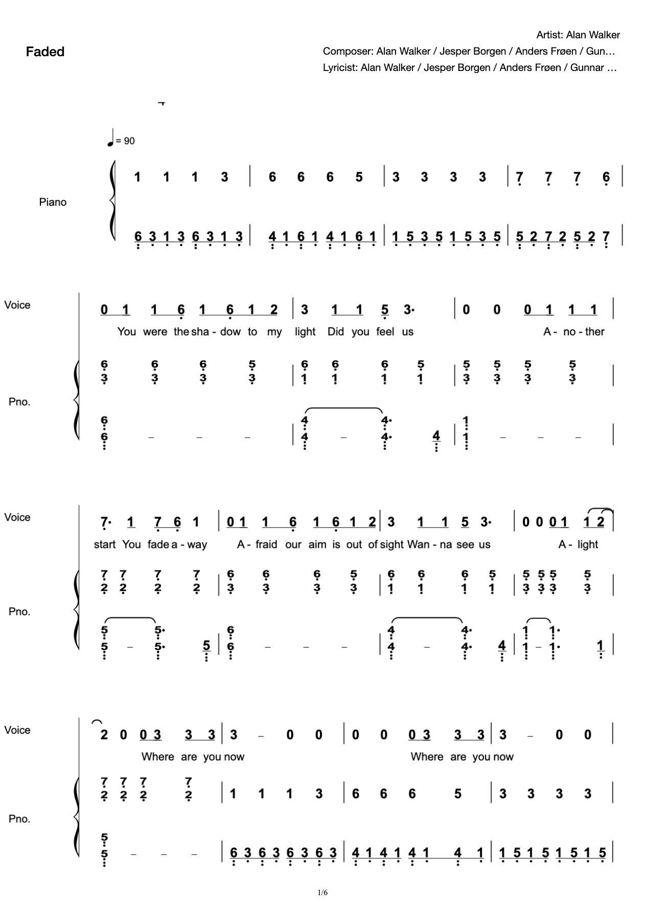 Faded-Piano Accompaniment Singing Score-Simple Reduction-Original key bG preview