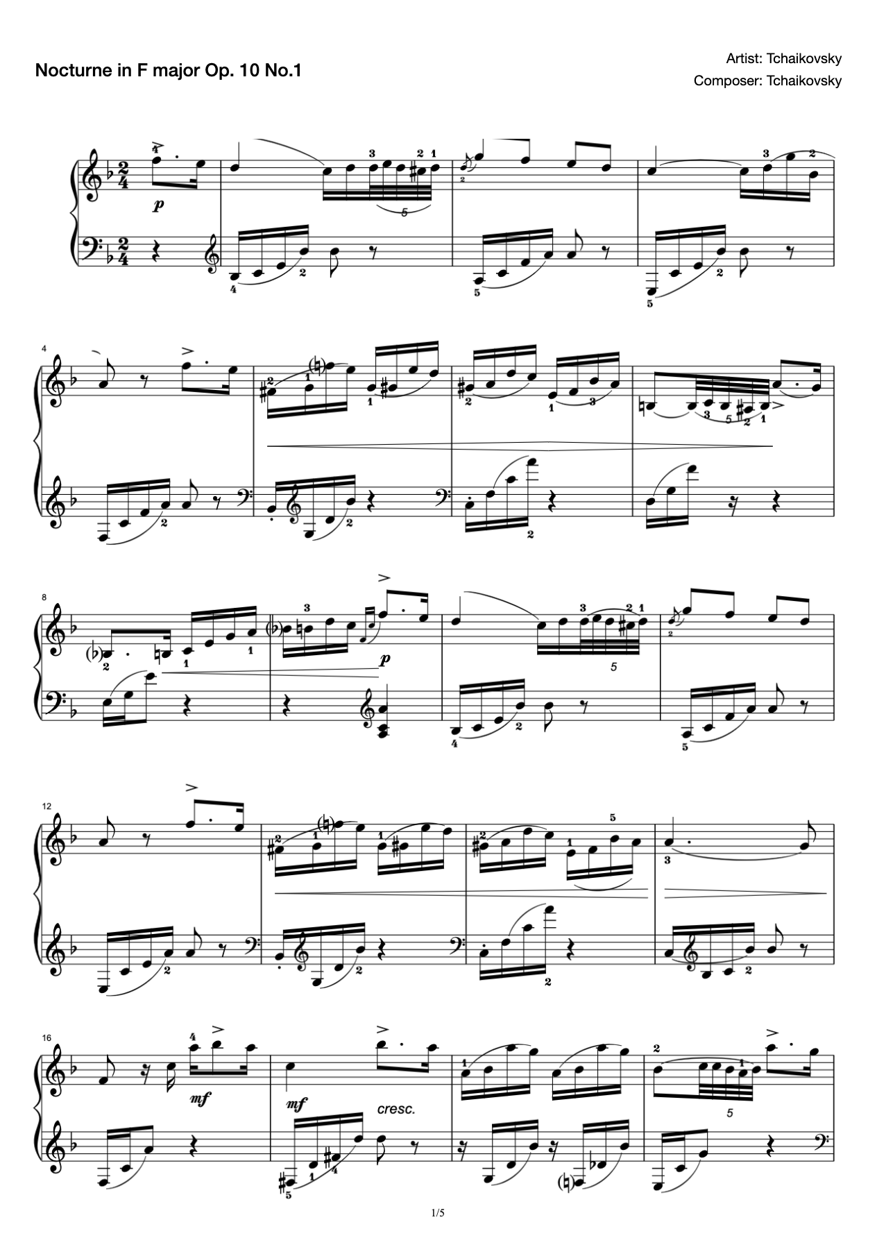 Tchaikovsky Nocturne in F major Op. 10 No.1 Original Fingering Nocturne in F major Tchaikovsky preview