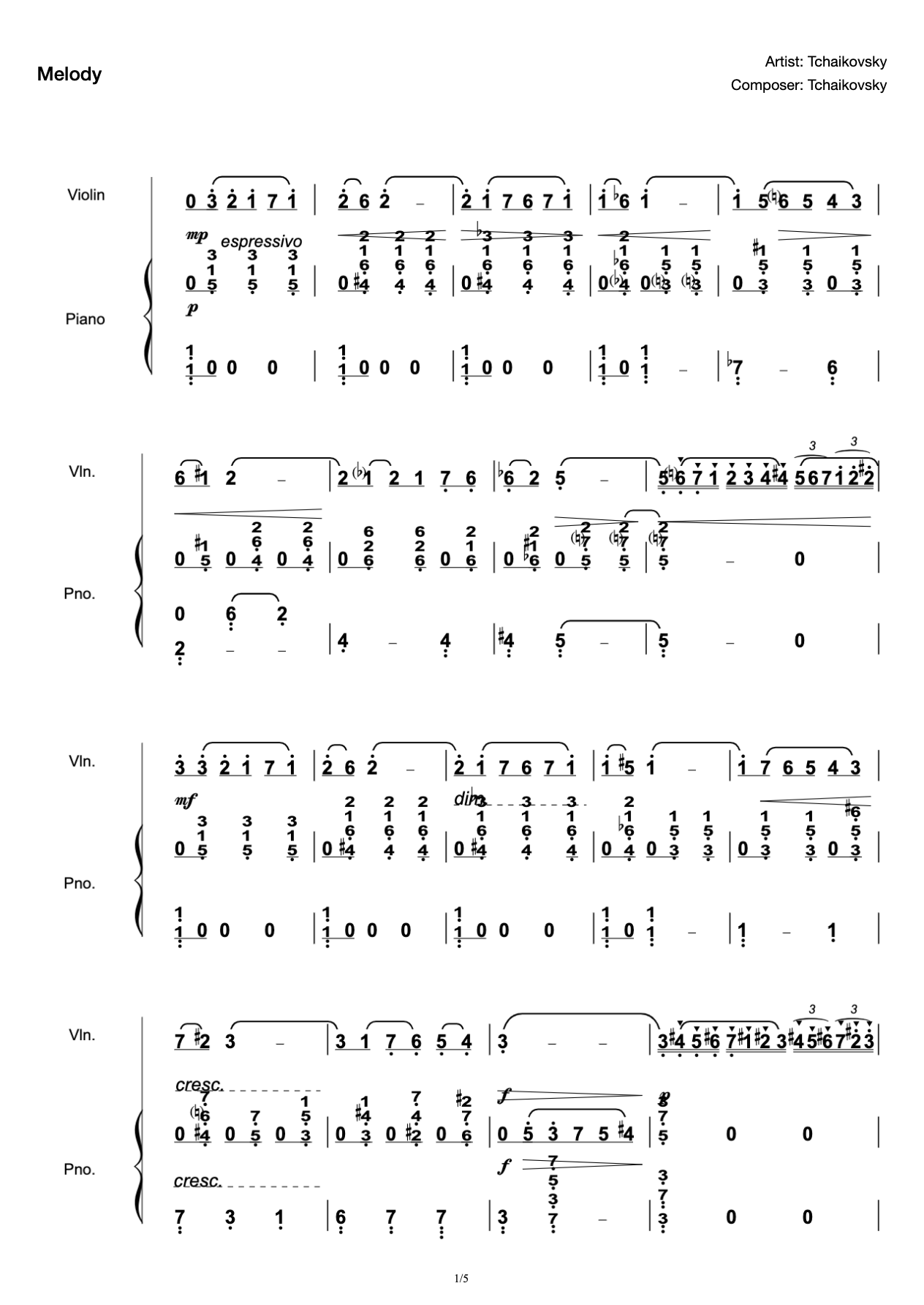 Tchaikovsky's "Remembering the Place of Remembrance" No. 3 "Melody" Souvenir d'un lieu cher, Op. 42 - 3.Mélodie Original Violin with Piano Accompaniment preview