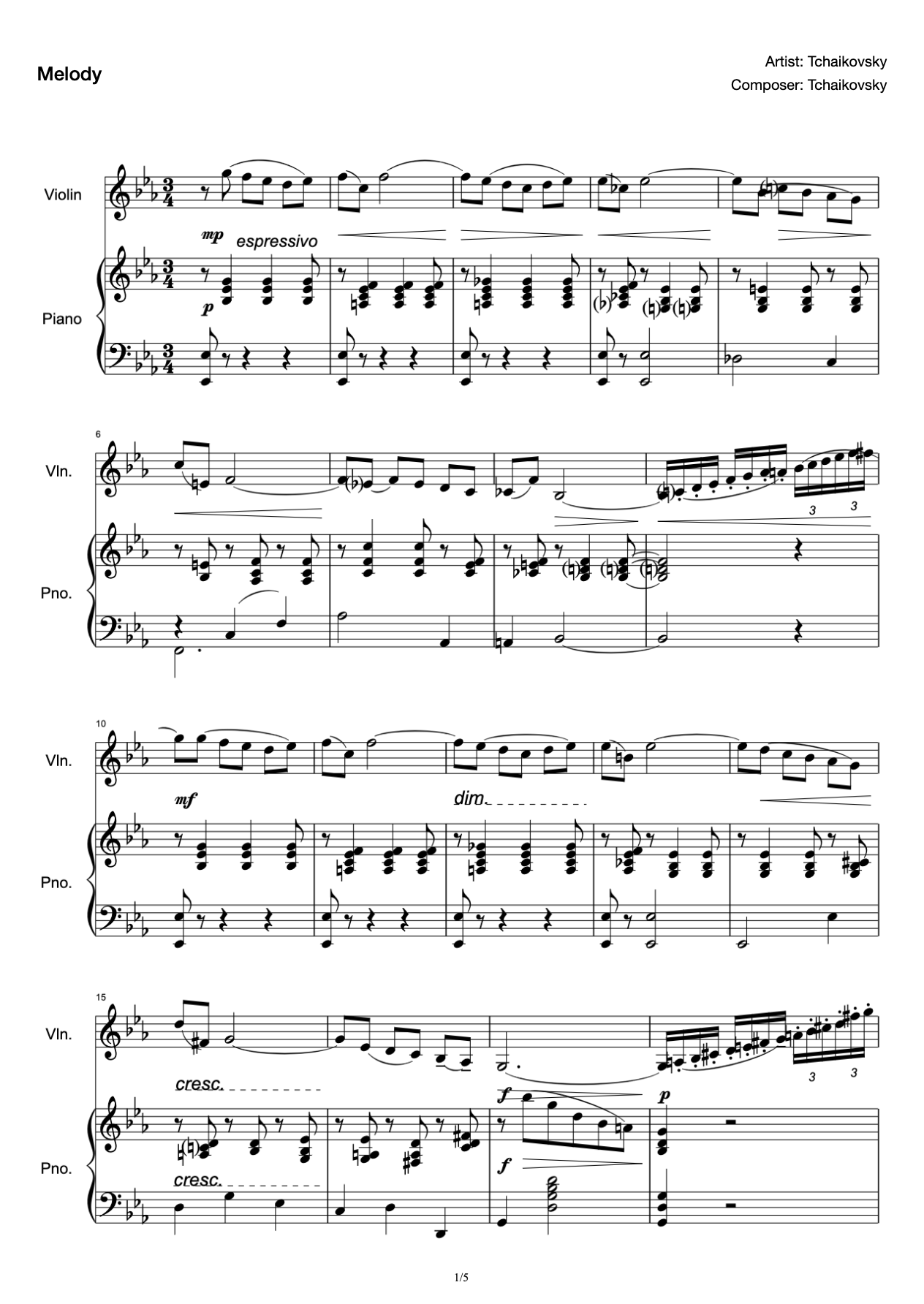 Tchaikovsky's "Remembering the Place of Remembrance" No. 3 "Melody" Souvenir d'un lieu cher, Op. 42 - 3.Mélodie Original Violin with Piano Accompaniment preview